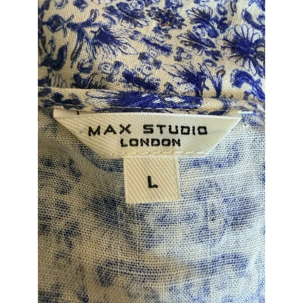 Boho Maxi Dress L Blue White Floral Deep V Empire Waist Cottagecore Vacation - Picture 8 of 10
